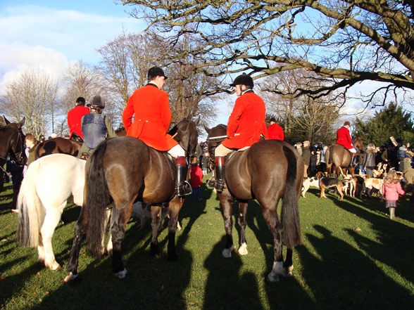 Members of Bedale Hunt on Horseback in Bedale Park, in their bright red jackets and black helmets. 